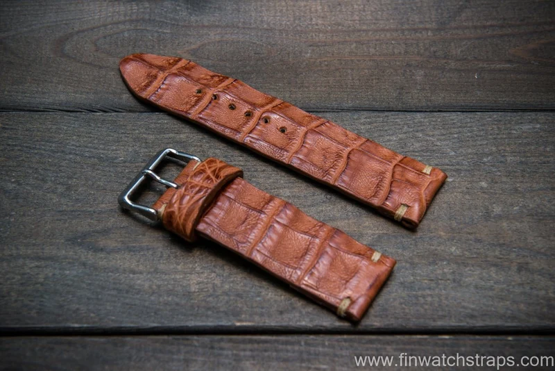 Alligator watch strap, Vintage Cognac, handmade in Finland, Ready to Ship