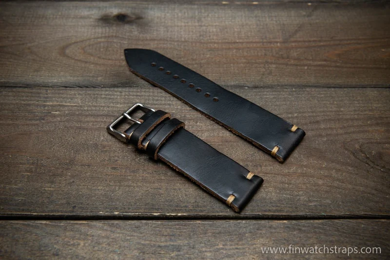 Leather watch strap, Black Chromexcel Horween. Handmade in Finland.