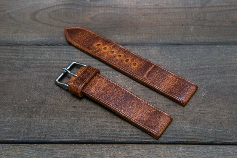 Suede vintage leather watch strap (Crazy Cow, Cognac), handmade in Finland