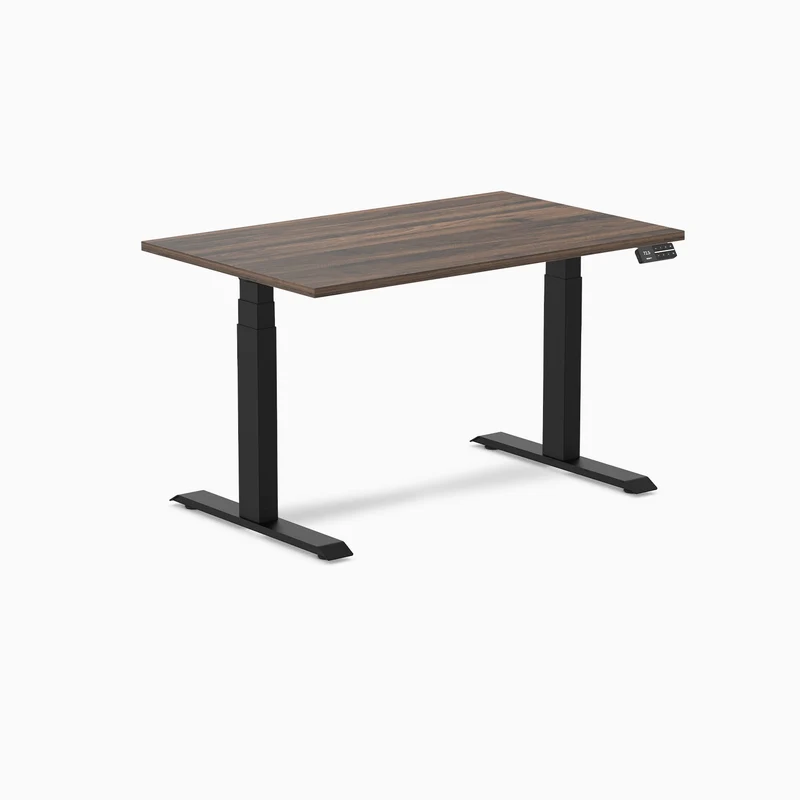 Desky Dual Melamine Sit Stand Desk 120cm Jarrah Legno Desktop and Matte Black Frame