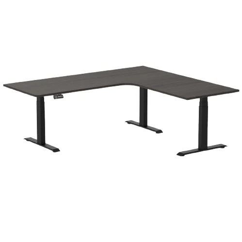 Desky L-Shape Melamine Sit Stand Desk 200cm - Left Return Burnished Wood Top and Matte Black Leg