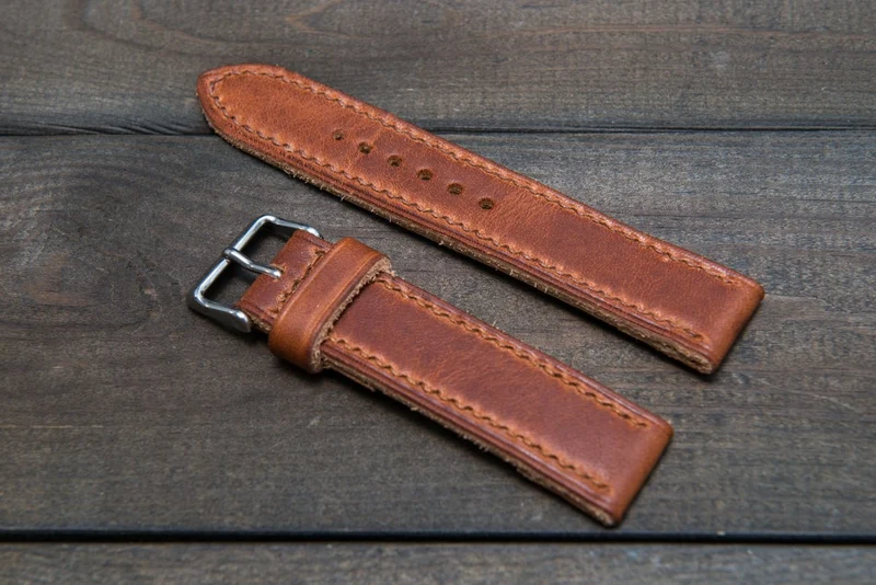 English Tan Horween hand stitched leather watch band, handmade in Finland