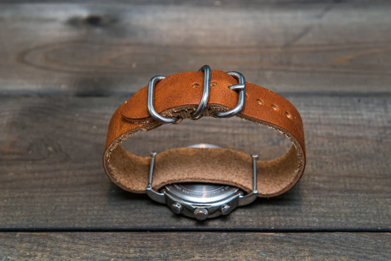 One-piece watch band, Horween Derby English Tan leather watch strap