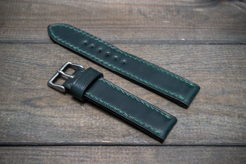 Shell Cordovan leather watch strap , Dark Green. Handmade in Finland