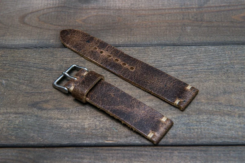 Suede vintage leather watch strap (Crazy cow, Teak) handmade in Finland