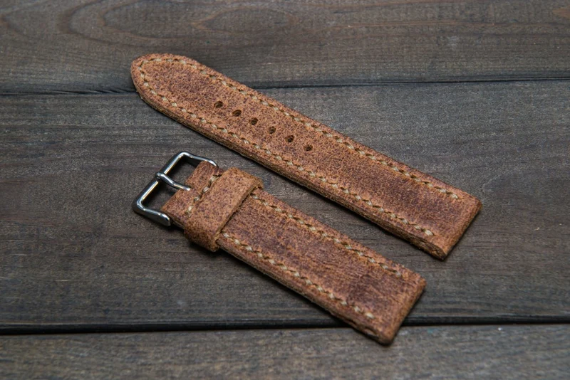 Suede vintage leather watch strap (Cognac Monaux), handmade in Finland