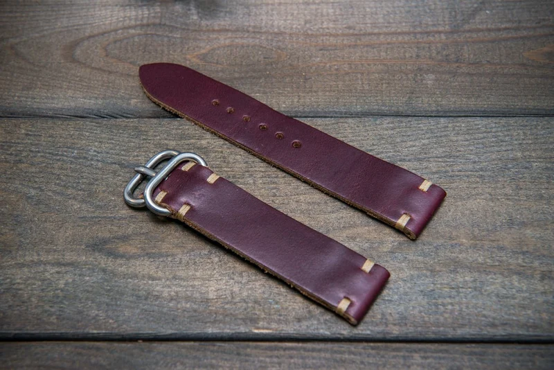 Burgundy Horween Chromexcel leather watch strap, handmade in Finland.