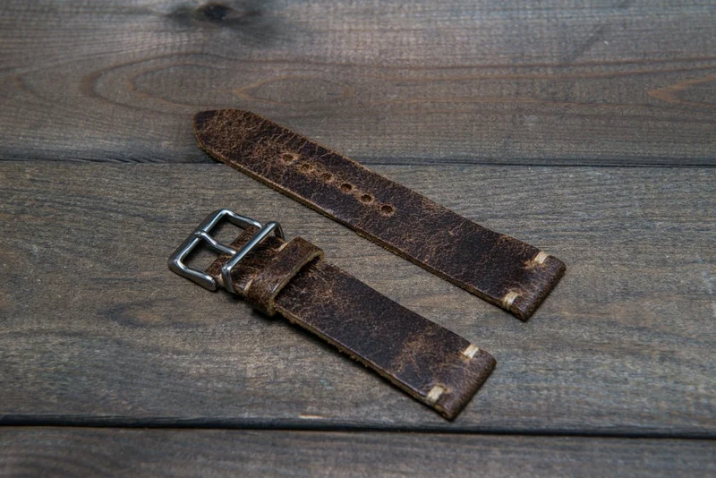 Suede vintage leather watch strap (Crazy cow, Teak), handmade in Finland