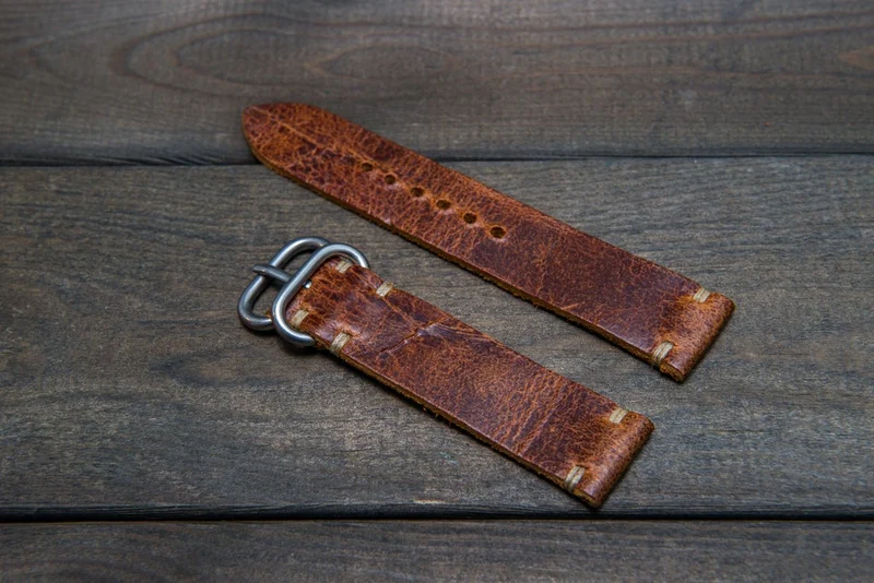 Suede vintage leather watch strap (Crazy cow, Cognac), handmade in Finland