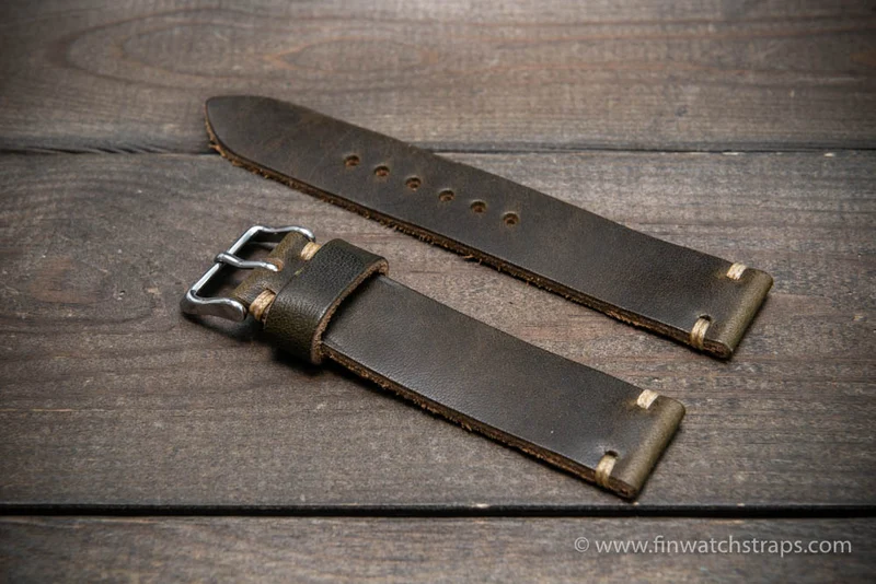 Horween Dublin Olive leather watch strap, 10 mm-26 mm, handmade in Finland
