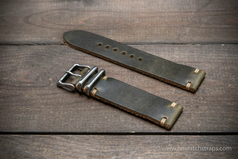 Horween Dublin Olive leather watch strap, 16 mm-26 mm, handmade in Finland