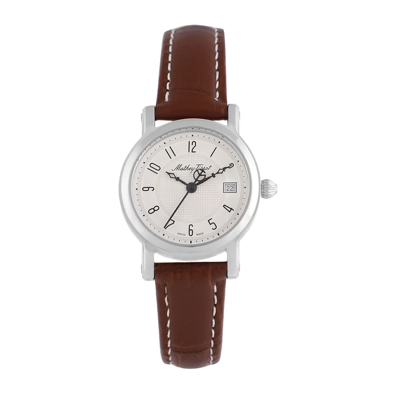 Montre Mathey-Tissot City en acier inoxydable, cuir marron et cadran blanc D31186AG