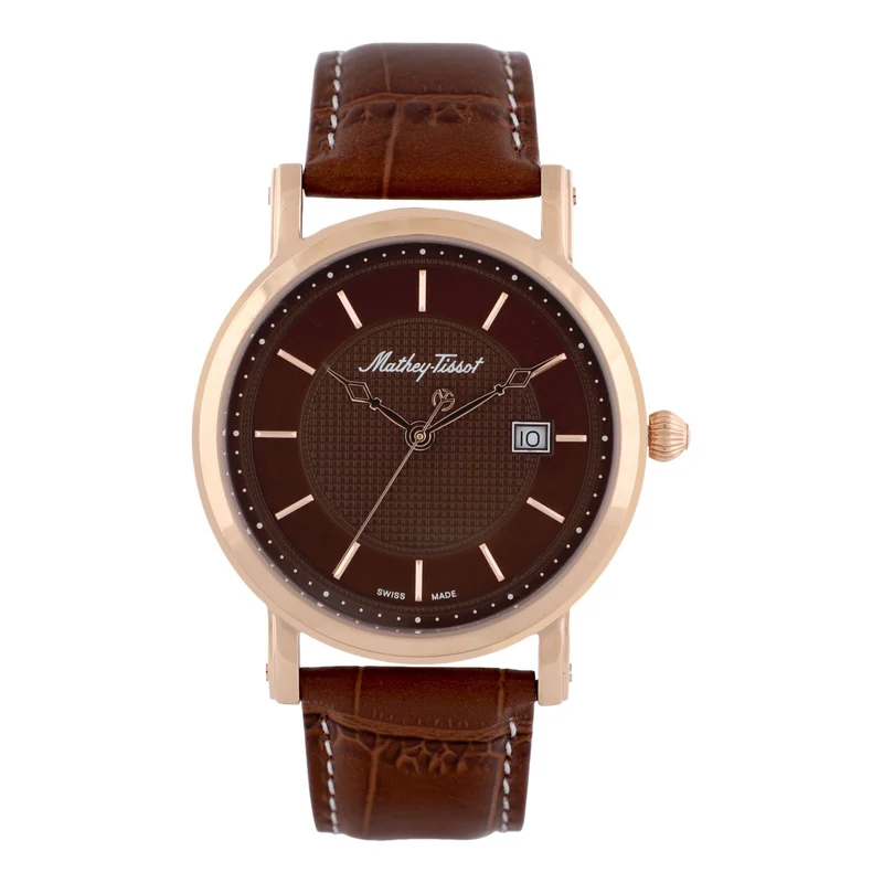 Montre Mathey-Tissot City en or rose, cuir marron et cadran marron H611251PM