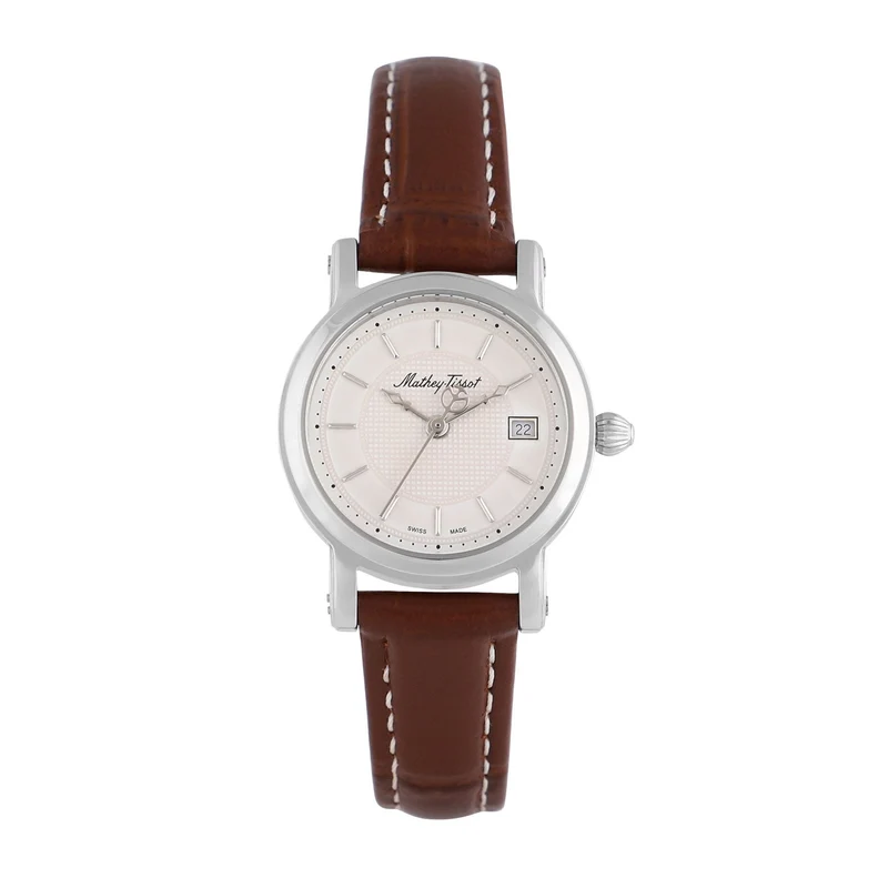 Montre Mathey-Tissot City en acier inoxydable, cuir marron et cadran blanc D31186AI