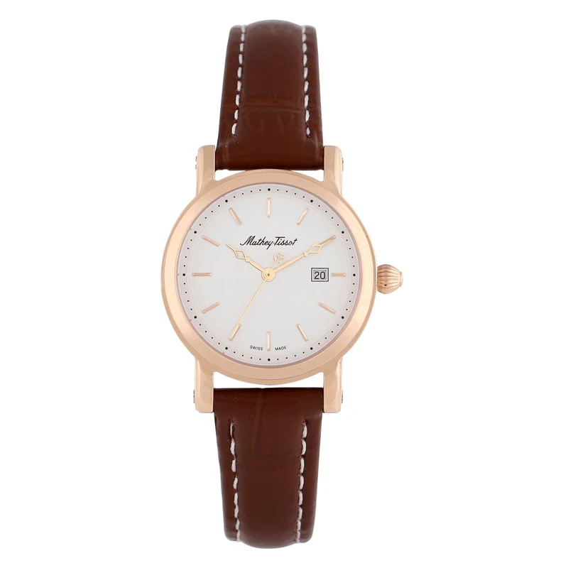 Montre Mathey-Tissot City en or rose, cuir marron et cadran blanc D31186PI