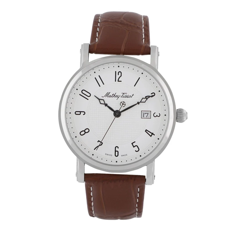 Montre Mathey-Tissot City en acier inoxydable, cuir marron et cadran blanc HB611251AG
