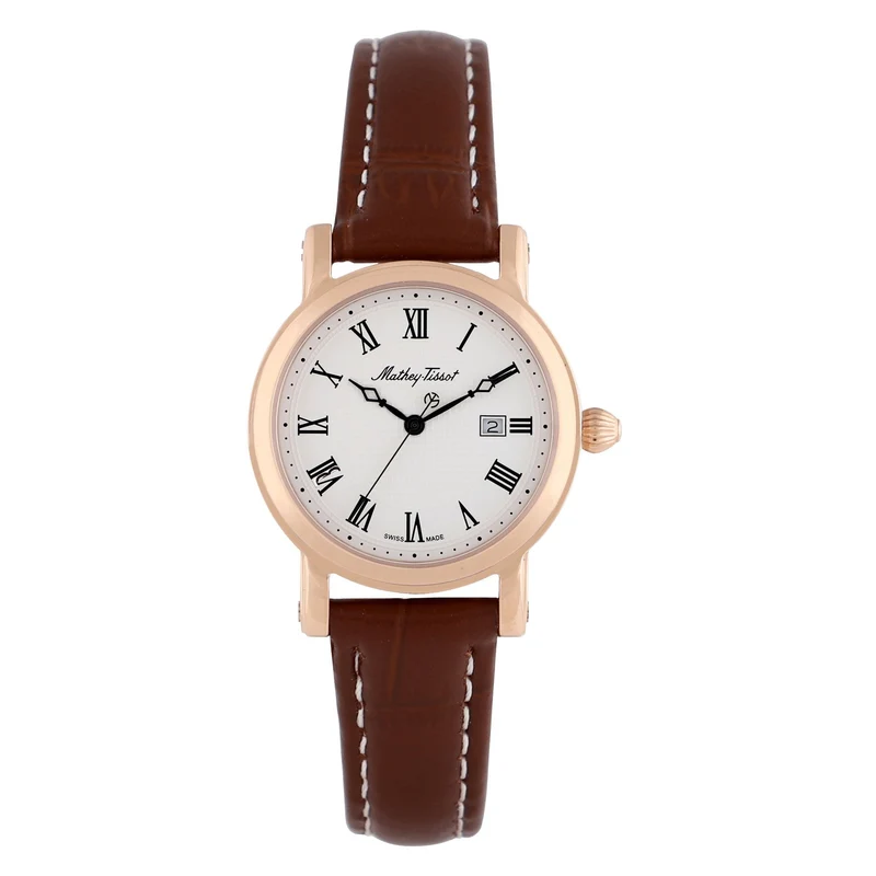 Montre Mathey-Tissot City en or rose, cuir marron et cadran blanc D31186PBR
