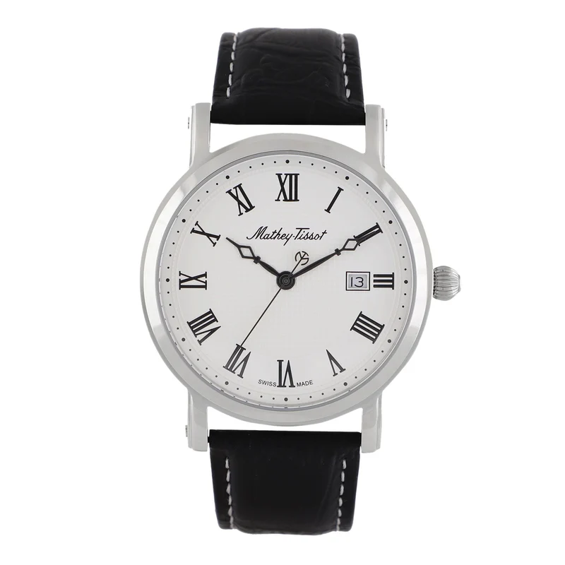 Montre Mathey-Tissot City en acier inoxydable, cuir noir et cadran blanc HB611251ABR