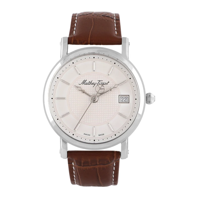 Montre Mathey-Tissot City en acier inoxydable, cuir marron et cadran blanc HB611251AI