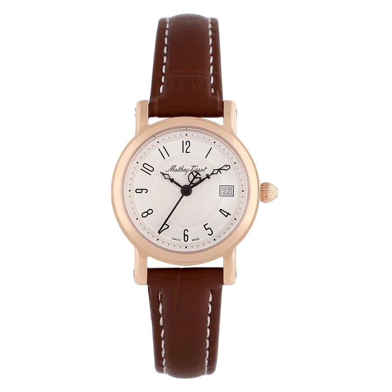 Montre Mathey-Tissot City en or rose, cuir marron et cadran blanc D31186PG