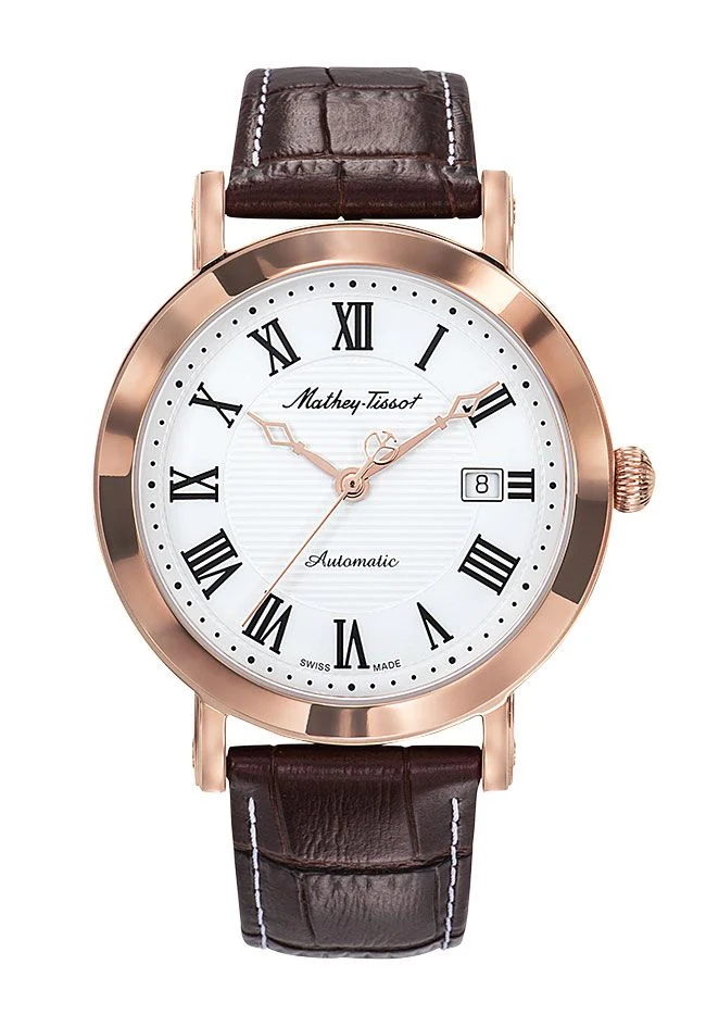 Montre Mathey-Tissot City Automatique Or rose / Cuir marron et cadran blanc HB611251ATPBR