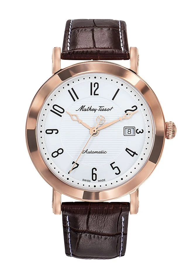 Montre Mathey-Tissot City Automatique Or Rose / Bracelet Marron & Cadran Blanc HB611251ATPG