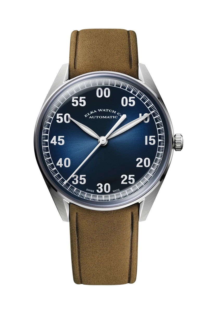 Montre automatique ELKA X11-0804 avec cadran bleu dégradé et bracelet en daim cognac