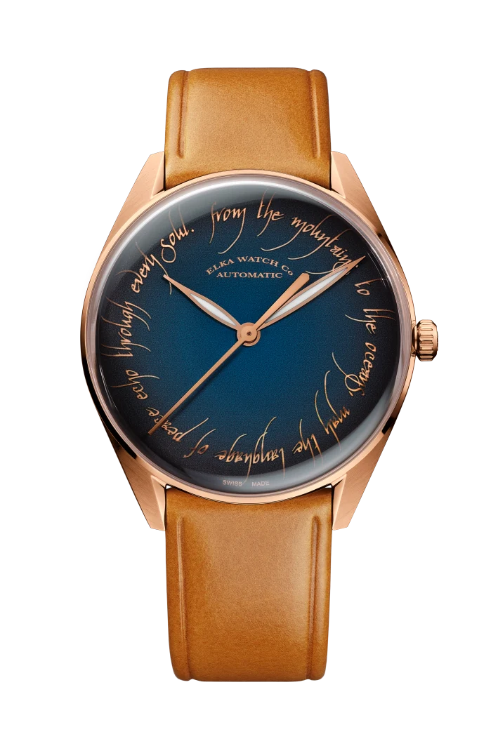 Montre automatique ELKA TP01-0806, cadran bleu foncé et bracelet en cuir cognac