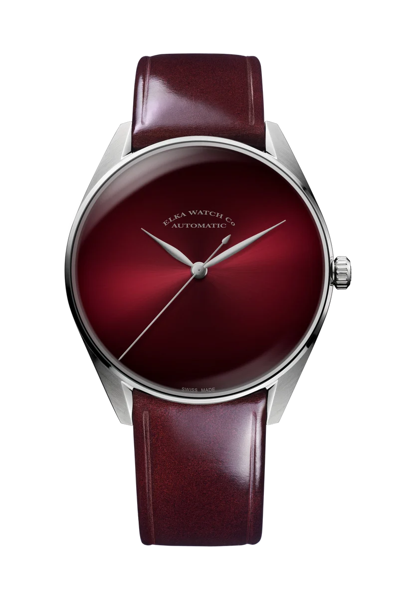 Montre automatique ELKA S02-0810, cadran dégradé bordeaux et bracelet en cuir marron