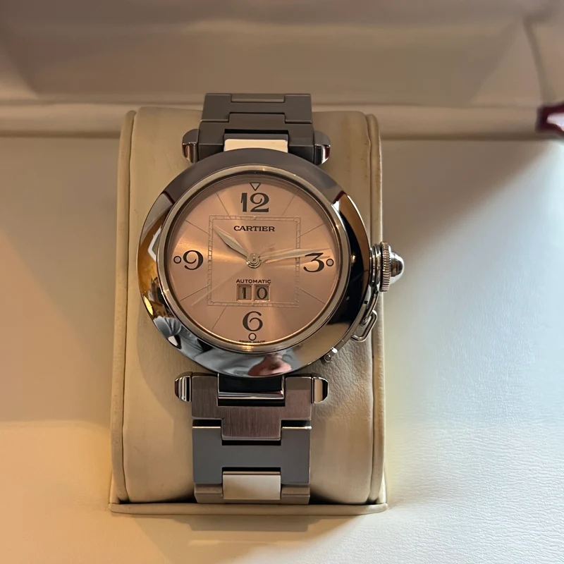 Montre automatique Cartier Pasha à cadran rose, ensemble complet W31058M7