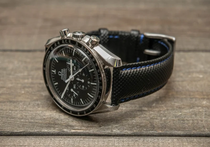 Sailcloths watch strap 17-24 mm, black with blue stitching