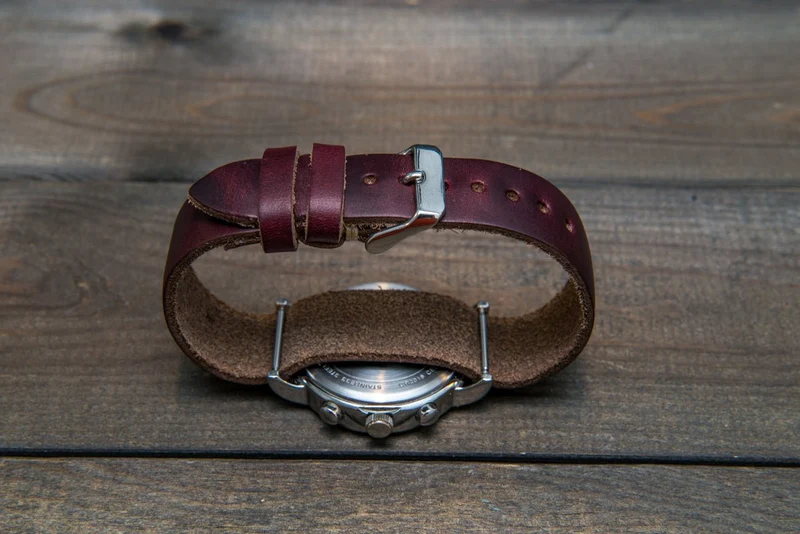 One-piece watch band, Horween Burgundy/ Chromexcel no 8. leather watch strap