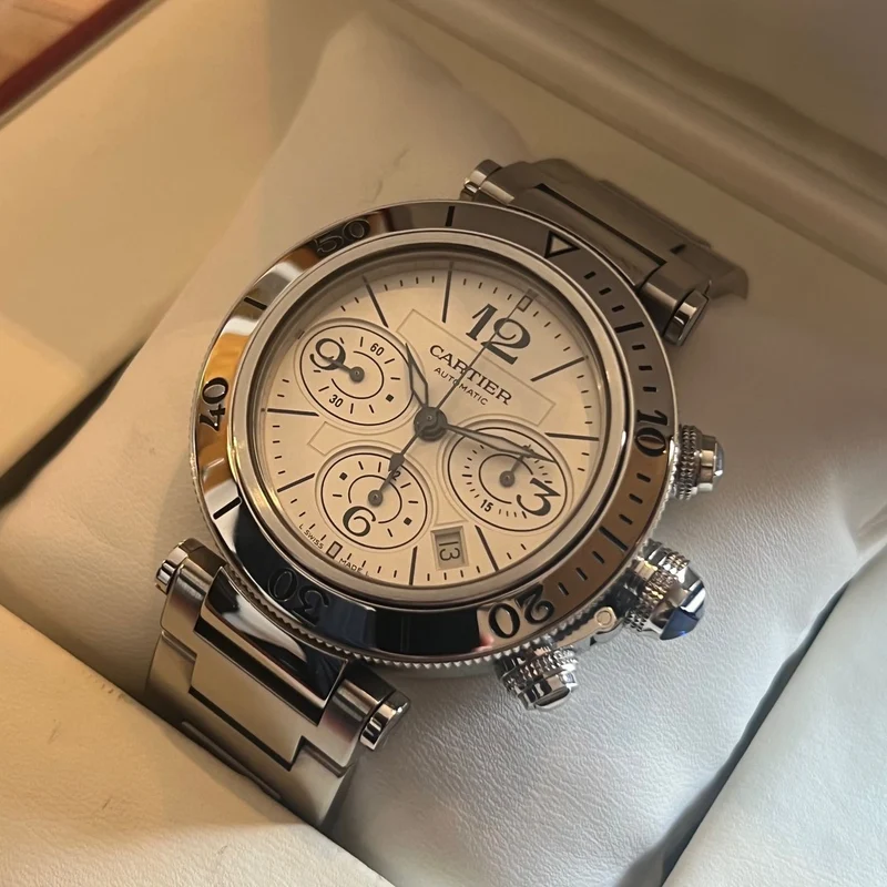 Coffret complet chronographe Cartier Pasha Seatimer W31089M7