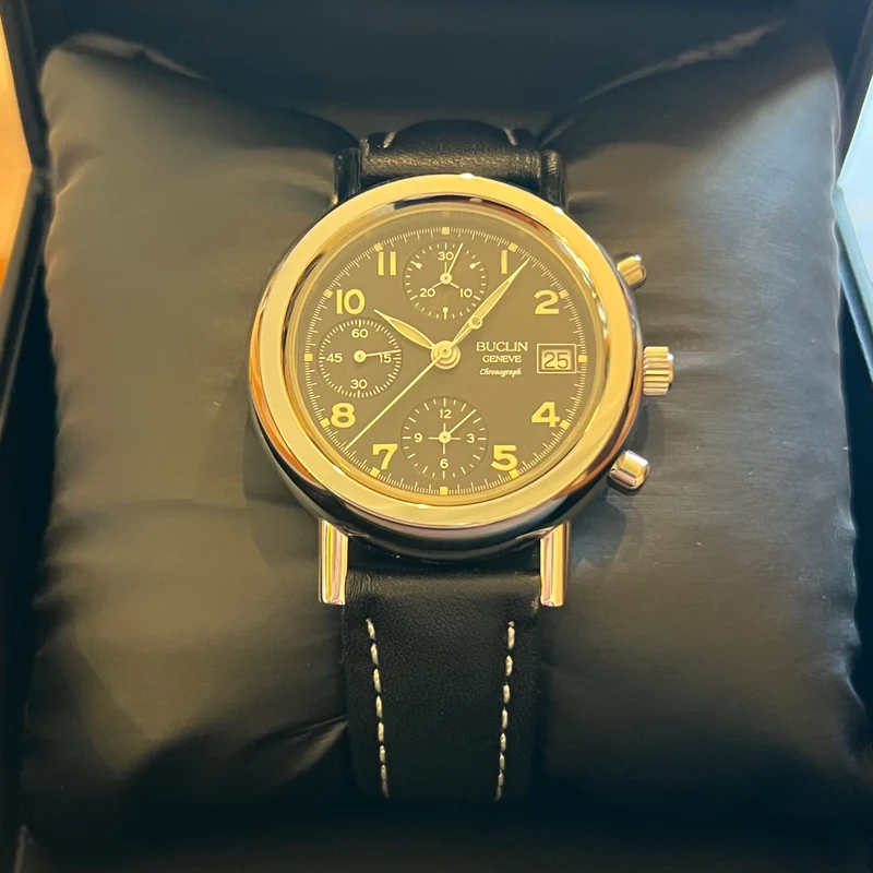 Montre chronographe automatique Buclin à cadran noir, ensemble complet C975