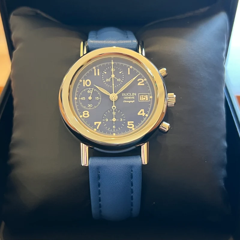 Montre chronographe automatique Buclin à cadran bleu, ensemble complet C975
