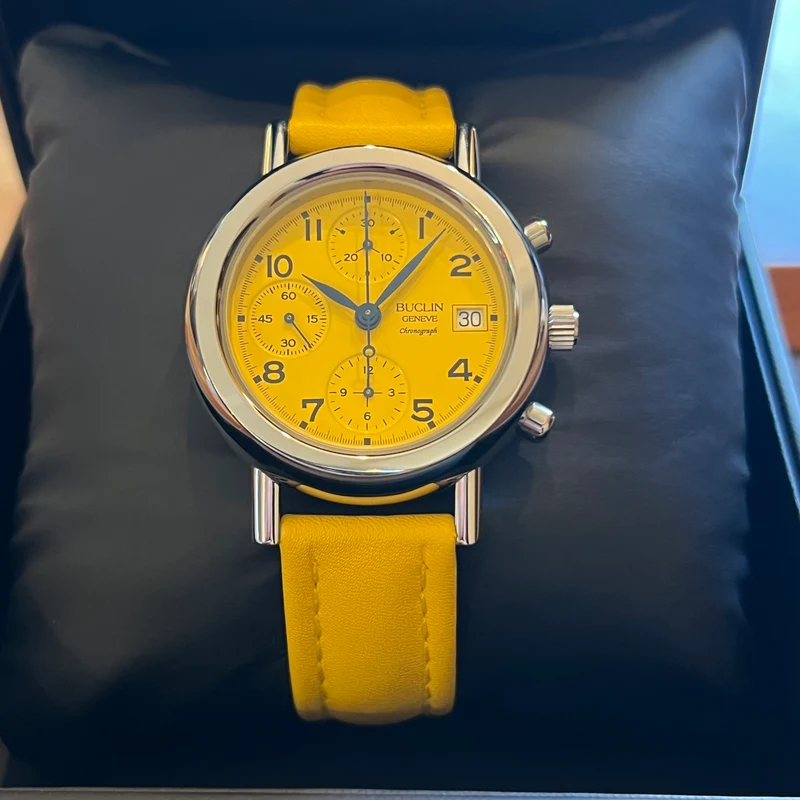 Montre chronographe automatique Buclin à cadran jaune, ensemble complet C975