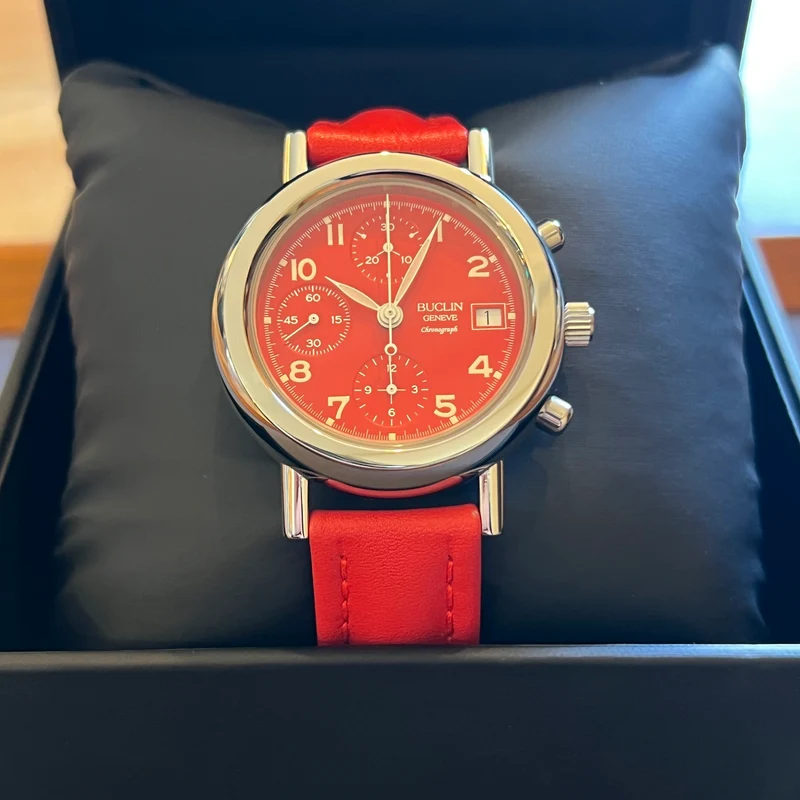 Montre chronographe automatique Buclin à cadran rouge, ensemble complet C975