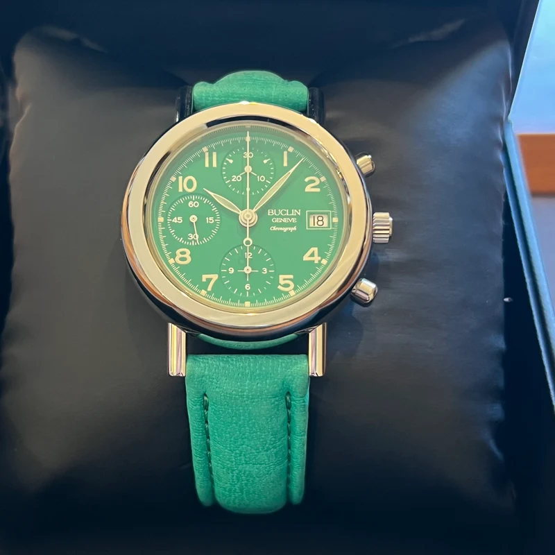 Montre chronographe automatique Buclin à cadran vert, ensemble complet C975