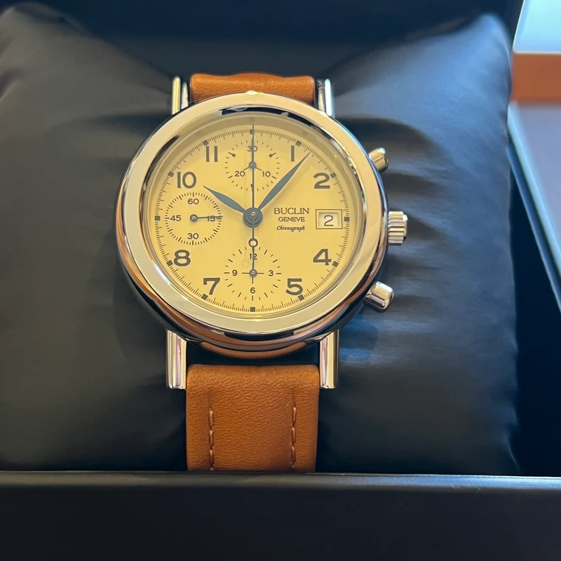 Montre chronographe automatique Buclin à cadran citron, coffret complet C975