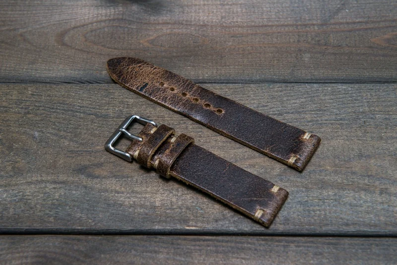 Suede vintage leather watch strap (Crazy cow, Teak), 2 leather keepers, handmade in Finland