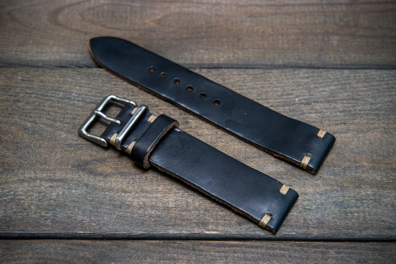 Black Horween Chromexcel leather watch strap, handmade in Finland - 10 mm, 12 mm, 14 mm, 6mm, 17 mm, 18mm, 19 mm, 20mm, 21 mm, 22mm, 23 mm, 24mm.