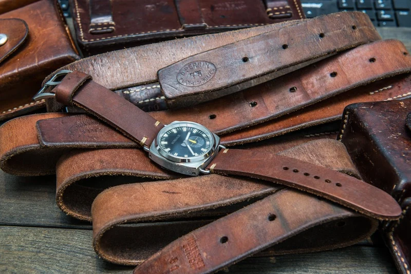 Vintage Swiss ammo watch band, thickness 4 mm, made of army belts, dates back to 1970th-1980th