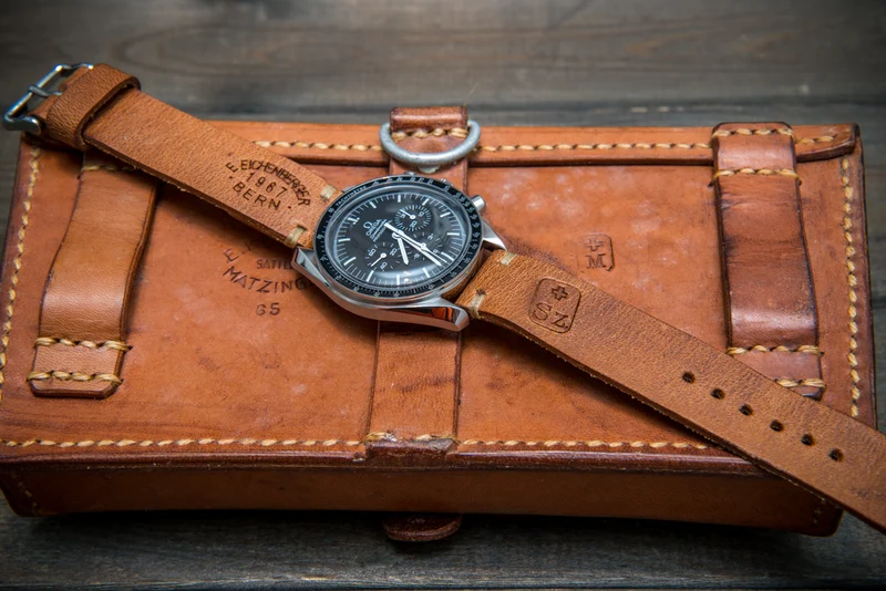 Vintage Swiss ammo watch band, thickness 4 mm, made of army pouches, dates back to 1930th-1980th