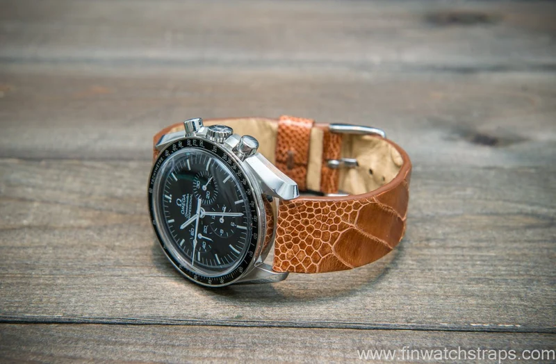 Ostrich legs leather watch strap, Glazed Brandy color, handmade in Finland, 10-26 mm