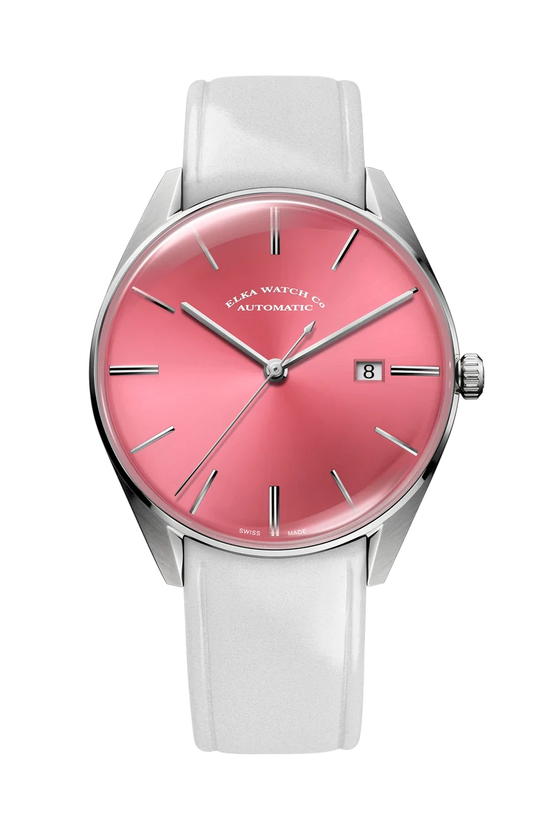 ELKA D06-0808 Montre automatique avec cadran rose pâle et cuir gris clair
