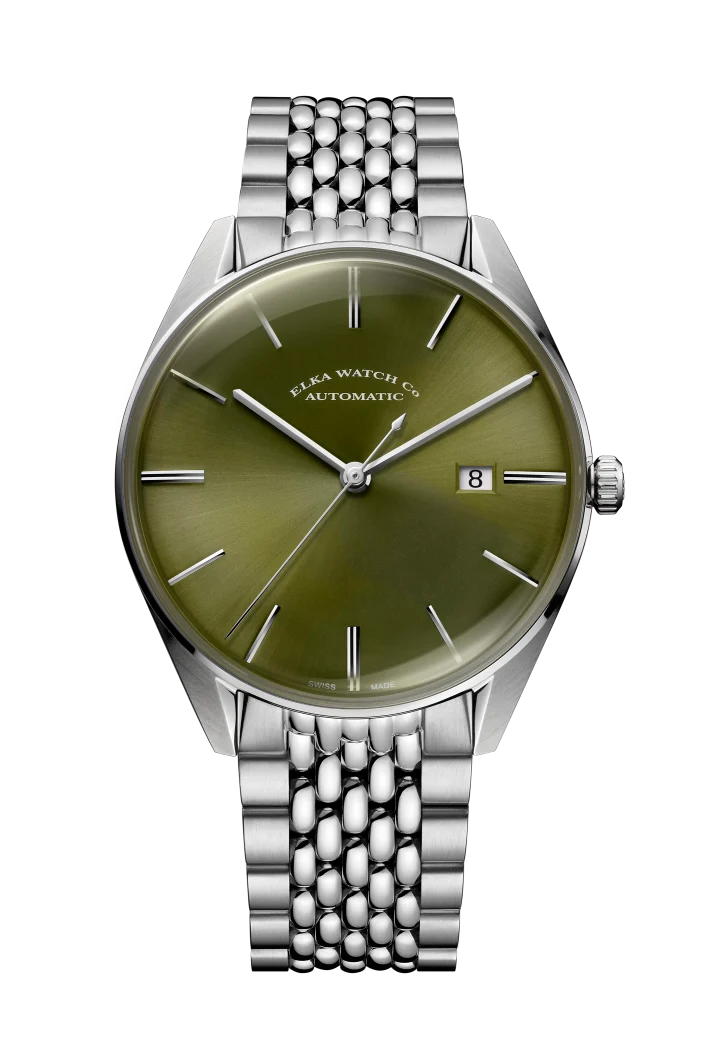 Montre automatique ELKA D05-1003, cadran vert olive et bracelet grain de riz
