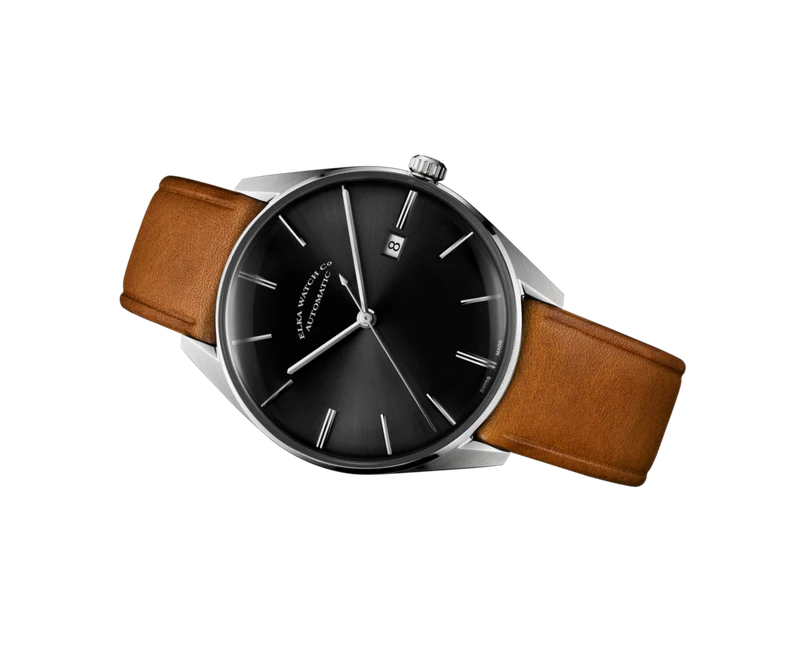 ELKA D04-0806 Automatique Cadran Noir et Bracelet Cuir Cognac