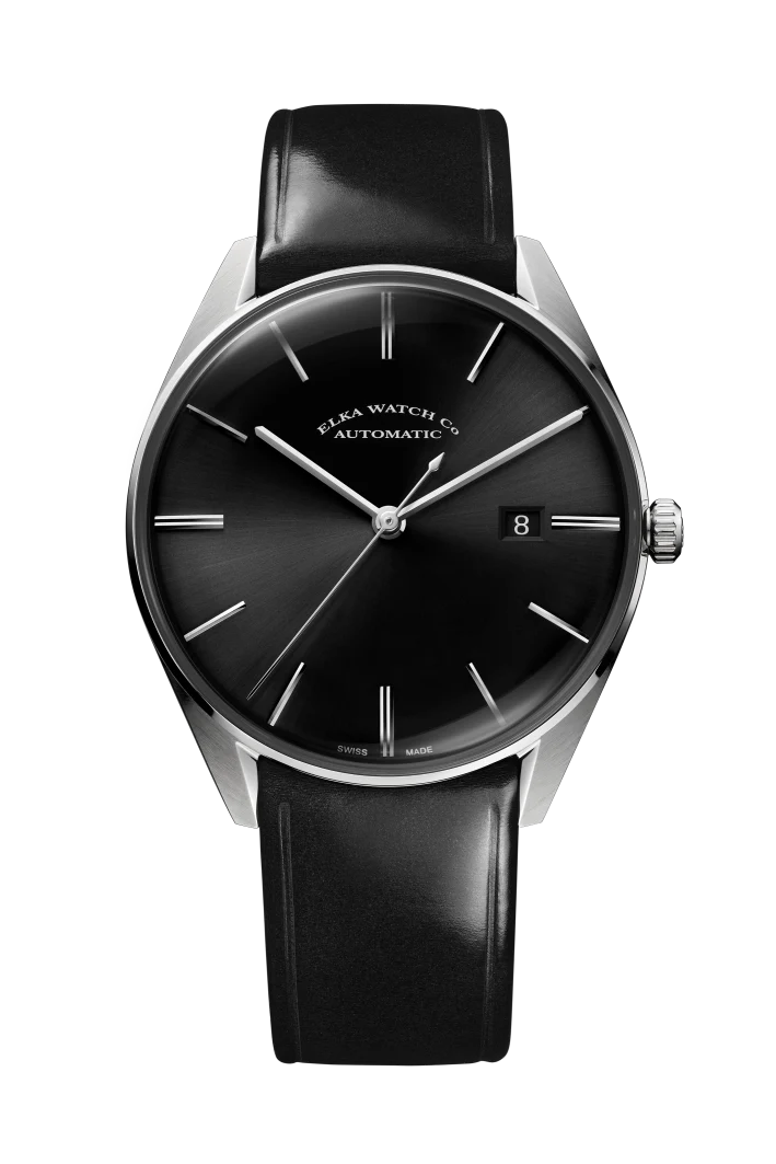 ELKA D04-0807 Montre automatique à cadran noir et bracelet en cuir noir