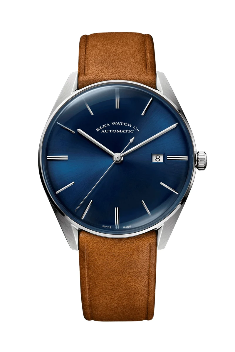 ELKA D02-0806 Automatique Cadran Bleu et Bracelet Cuir Cognac