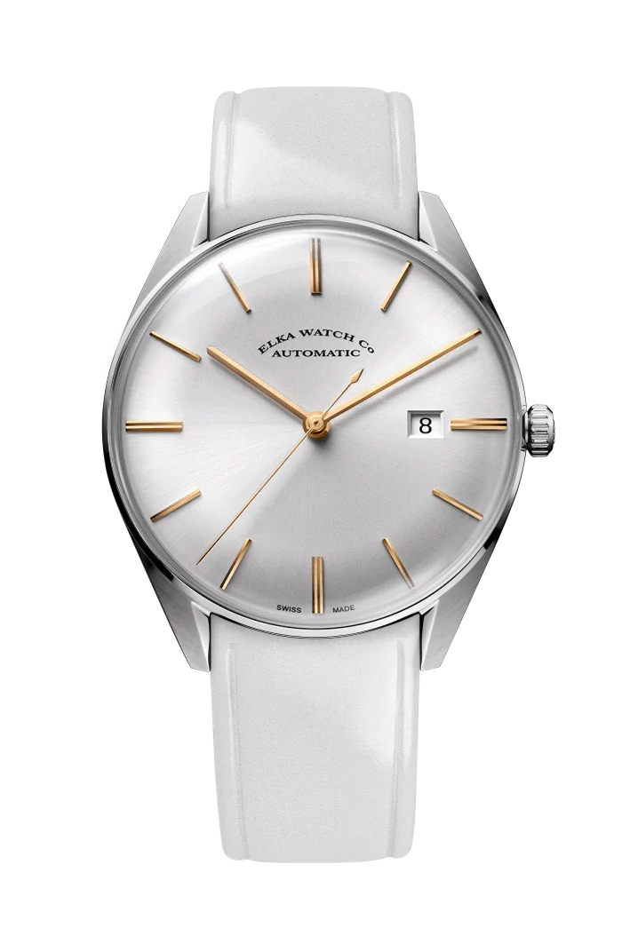 Montre automatique ELKA D01-0808, cadran argenté et bracelet en cuir de veau blanc